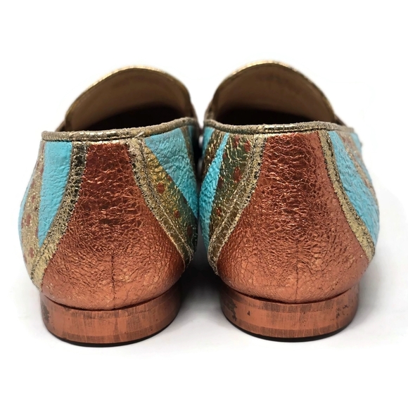 One Of A Kind Hand Painted Crinkle Gold Penny Loafers J Crew Women's 8 - Picture 9 of 14
